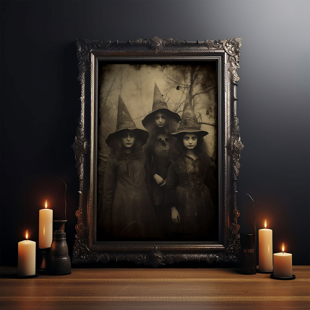 Spooky Witches Art Print, Antique Style Sepia Tone Tintype Photograph Print, Canvas Print, Vintage Halloween Decor, Gothic Witch Wall Art