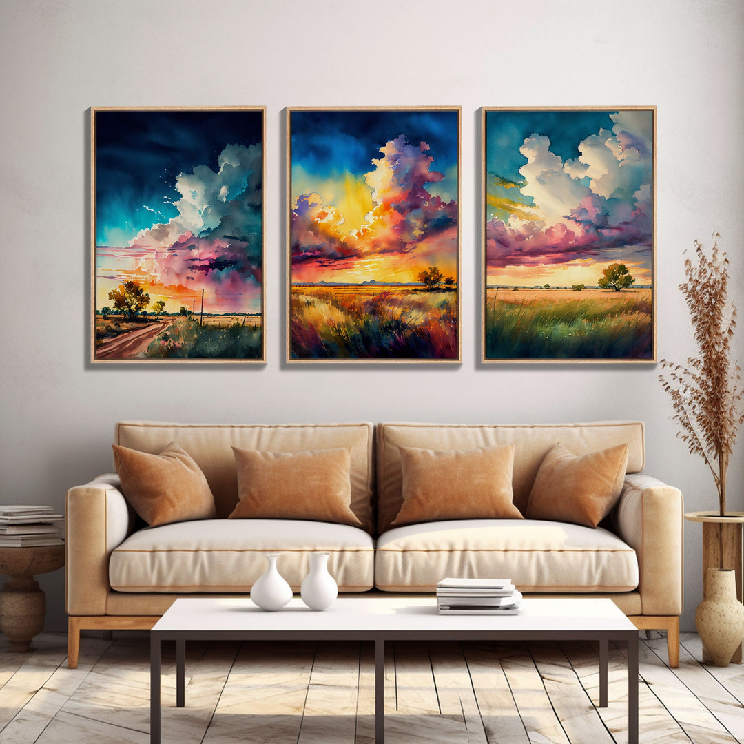 Texas Landscape Wall Art Set, Watercolor Canvas Print Original, Abstract Landscape Art Framed, Set of 3, 3 Panel Art