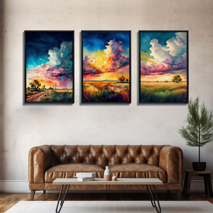 Texas Landscape Wall Art Set, Watercolor Canvas Print Original, Abstract Landscape Art Framed, Set of 3, 3 Panel Art