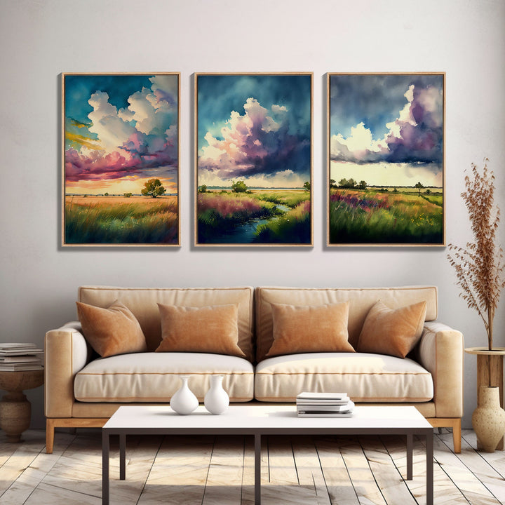 Texas Prairie Landscape Wall Art Set, Watercolor Canvas Print Original, Abstract Landscape Art Framed, Set of 3, 3 Panel Art