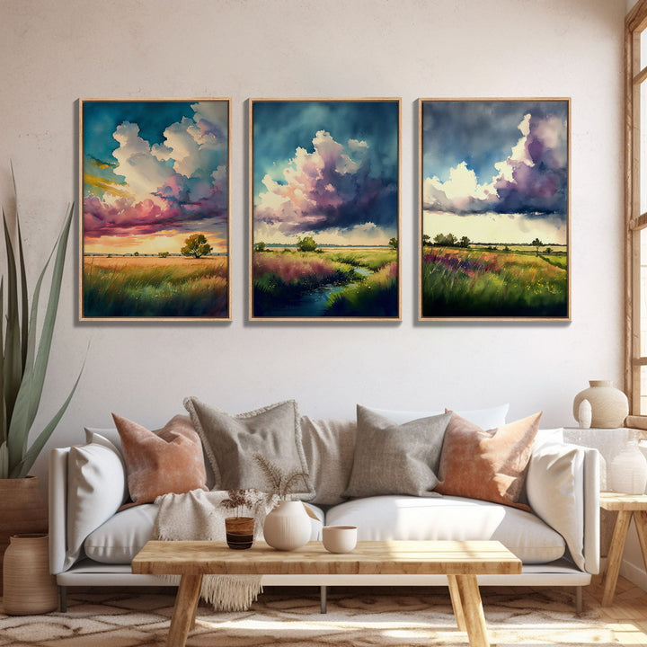 Texas Prairie Landscape Wall Art Set, Watercolor Canvas Print Original, Abstract Landscape Art Framed, Set of 3, 3 Panel Art