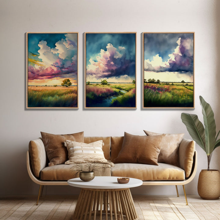 Texas Prairie Landscape Wall Art Set, Watercolor Canvas Print Original, Abstract Landscape Art Framed, Set of 3, 3 Panel Art