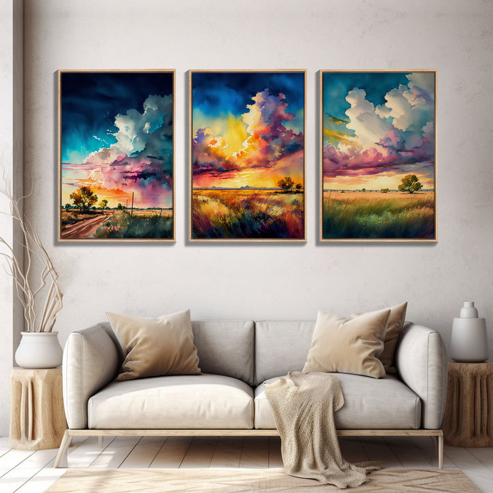 Texas Landscape Wall Art Set, Watercolor Canvas Print Original, Abstract Landscape Art Framed, Set of 3, 3 Panel Art