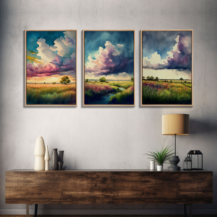 Texas Prairie Landscape Wall Art Set, Watercolor Canvas Print Original, Abstract Landscape Art Framed, Set of 3, 3 Panel Art