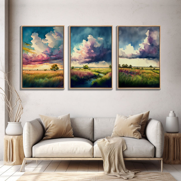 Texas Prairie Landscape Wall Art Set, Watercolor Canvas Print Original, Abstract Landscape Art Framed, Set of 3, 3 Panel Art